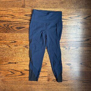 Athleta 7/8 Navy Tights with Black Mesh Detail